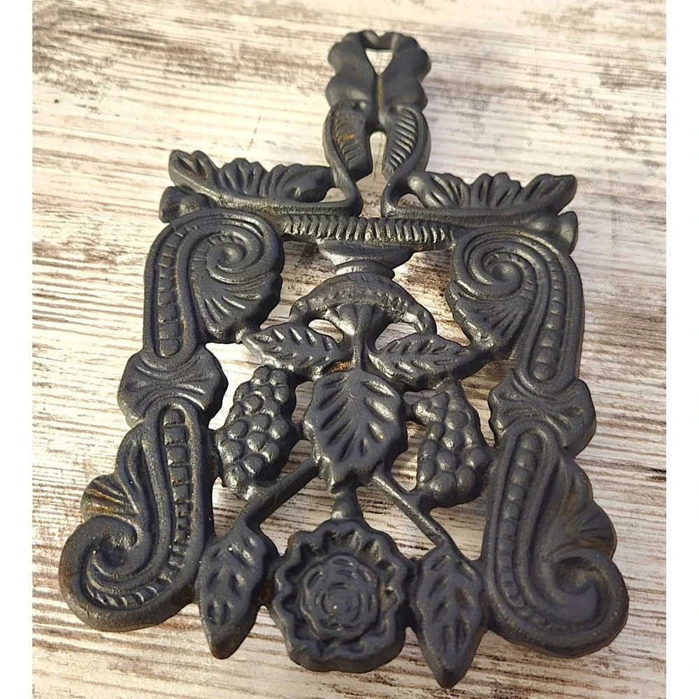 Set of 2 Vintage Cast Iron Trivets Floral Scrollwork Grape Rose Design 103 Black
